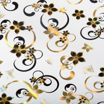 Клеенка силиконовая 0,8*20 м 0,6 мм золото-черный завитки цветы бабочки на бел Baizheng