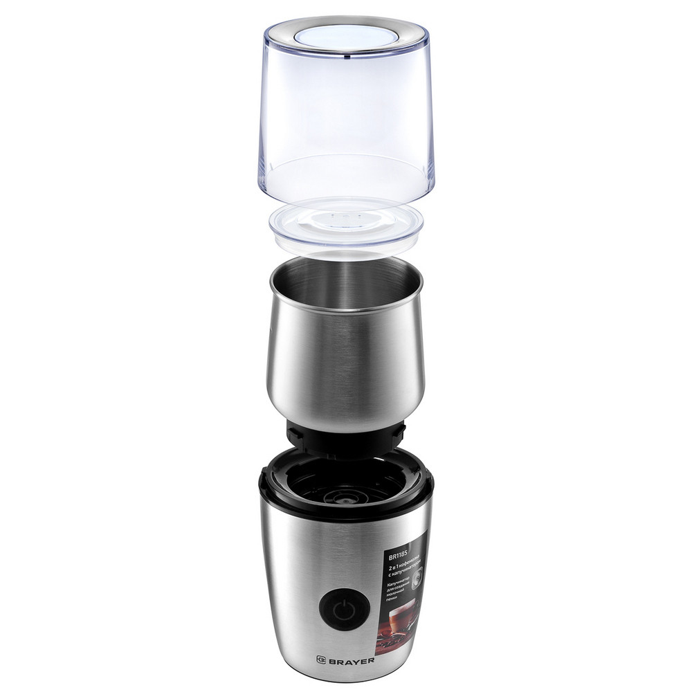 Кофемолка 200 Вт 100 гр капучинатор 140 мл 2 чаши нерж сталь стальной Brayer