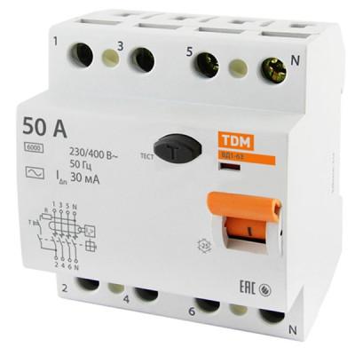 УЗО 4х-полюсное 50А 30мА ВД1-63 АС TDM