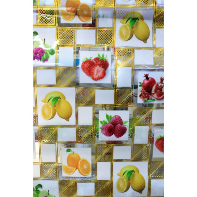 Клеенка силиконовая 1,0*20 м 0,7 мм золотая сетчатая клетка на белом с фруктами Baizheng Клеенка силиконовая 1,0*20 м 0,7 мм золотая сетчатая клетка на белом с фруктами Baizheng