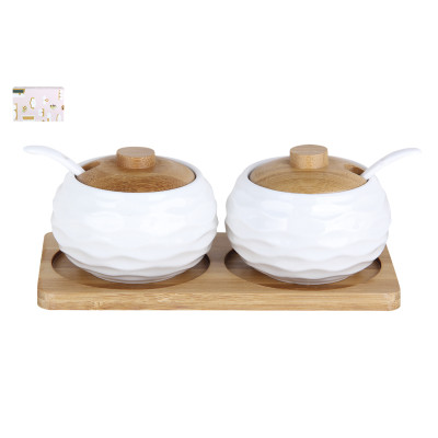 Набор банок фарфоровый 3 пр 300 мл дерев подставка 2 ложки под упак белый Коралл