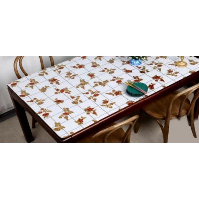 Клеенка силиконовая 0,8*20 м цветочки красно-золотые с серой клеткой на белом Baizheng