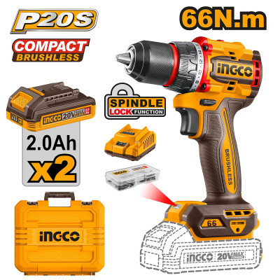 Шуруповерт INGCO CDLI20668 бесщеточный Li-ion 20.0 В, 2Ач, 66 Нм, 2акб, кейс  INDUSTRIAL
