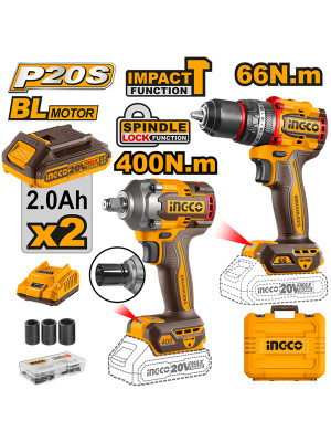 Набор шуруповерт 66 N.m+гайковерт 400N.m SUPER INGCO CKLI20275 INDUSTRIAL 20В, BL. Li-Ion