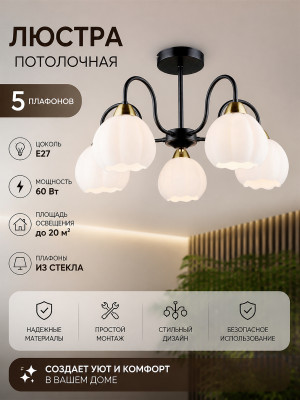 Люстра 5 плафонов 60*34 см Е27 60Вт 20м2 плафон стекло черный Baizheng Люстра 5 плафонов 60*34 см Е27 60Вт 20м2 плафон стекло черный Baizheng