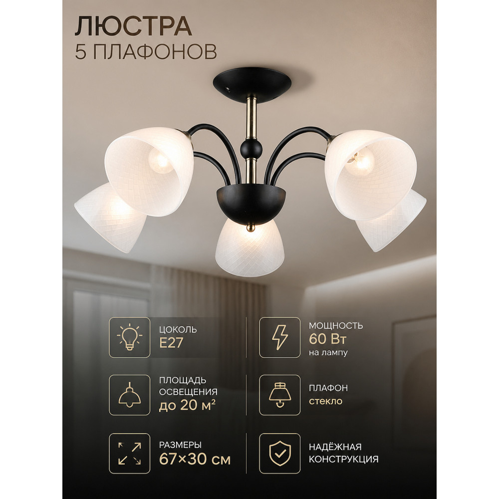Люстра 5 плафонов 67*30 см Е27 60Вт 20м2 плафон стекло черный Baizheng