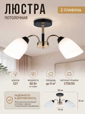 Люстра 2 плафона 50*12*25 см Е27 60Вт 9м2 плафон стекло черно-золото Baizheng Люстра 2 плафона 50*12*25 см Е27 60Вт 9м2 плафон стекло черно-золото Baizheng