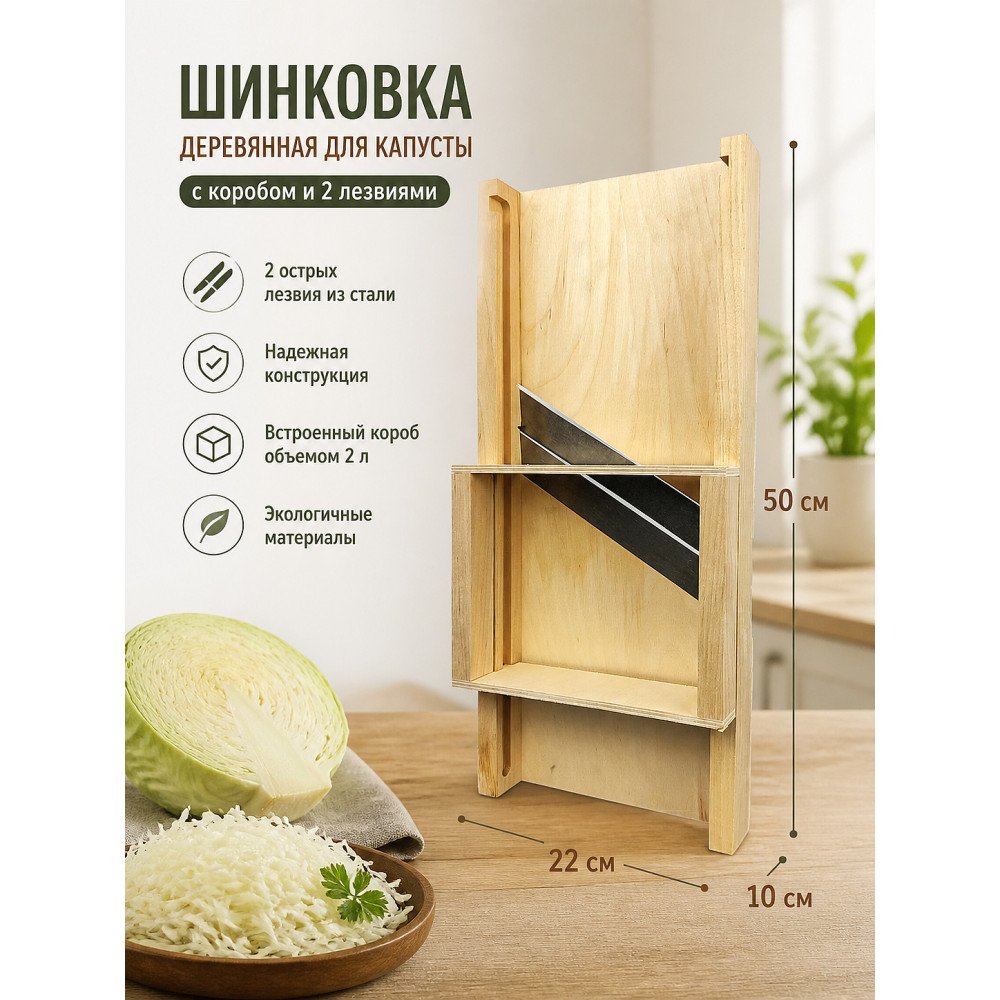 Шинковка деревянная для капусты 50*22*10 см с коробом 2 лезвия ШК-5 Лесниково
