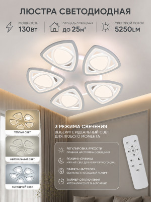 Люстра светодиодная Baizheng 5 плафонов, 3 режима, 130Вт, 25м2, 5250LM, белая 551*51*8см Люстра светодиодная Baizheng 5 плафонов, 3 режима, 130Вт, 25м2, 5250LM, белая 551*51*8см