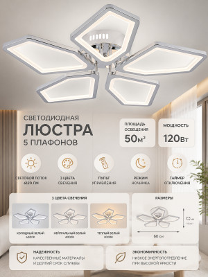 Люстра светодиодная 5 плафонов 60*7,5 см 120Вт 6120LM 50м2 3 цвета пульт хром Baizheng