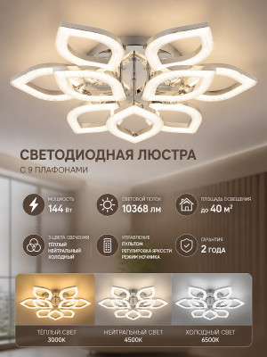 Люстра светодиодная 9 плафонов 68x15 см 144Вт 10368LM 40м2 3 цвета пульт хром Baizhen