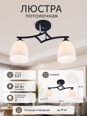 Люстра 2 плафона 43*13*28 см E27 60Вт 9м2 плафон стекло черный хром Baizheng
