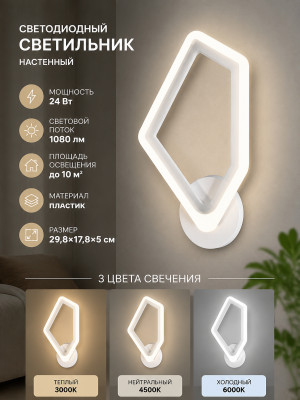 Бра светодиодный 1 плафон 29,8*17,8*5 см 24Вт 1080LM 10м2 3 цвета пластик белый Baizheng Бра светодиодный 1 плафон 29,8*17,8*5 см 24Вт 1080LM 10м2 3 цвета пластик белый Baizheng