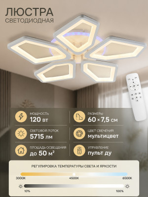 Люстра светодиодная 5 плафонов 60*7,5 см 120Вт 5715LM 50м2 пульт пластик мультицвет Baizheng