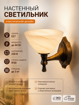 Светильник НББ 21-60-1731 УХЛ4 черный под золото, плафон конус алебастр TDM Светильник НББ 21-60-1731 УХЛ4 черный под золото, плафон конус алебастр TDM