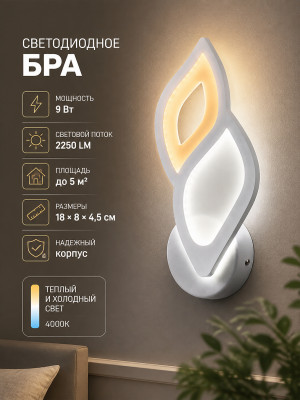 Бра светодиодный 1 плафон 18*8*4,5 см 9Вт 2250 LM 5 м2 3 цвета белый Baizheng