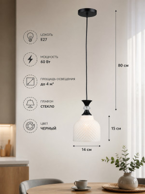 Люстра кухонная 1 плафон 15*14*80 см E27 60Вт 4 м2 плафон стекло черный Baizheng