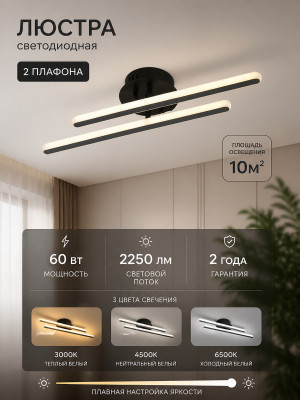 Люстра светодиодная 2 плафона 60Вт 2250 LM 10м2 3 цвета черный Baizheng Люстра светодиодная 2 плафона 60Вт 2250 LM 10м2 3 цвета черный Baizheng