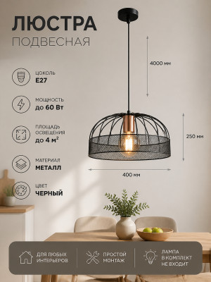 Люстра кухонная 1 плафон 40*40*25 см Е27 60Вт 4м2 плафон металл черный Baizheng Люстра кухонная 1 плафон 40*40*25 см Е27 60Вт 4м2 плафон металл черный Baizheng