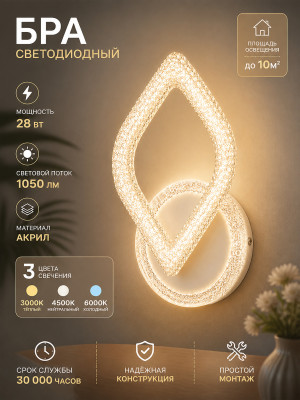 Бра светодиодный 1 плафон 18,5*31*10 см 28 Вт 1050 LM 10м2 акрил 3 цвета белый Baizheng