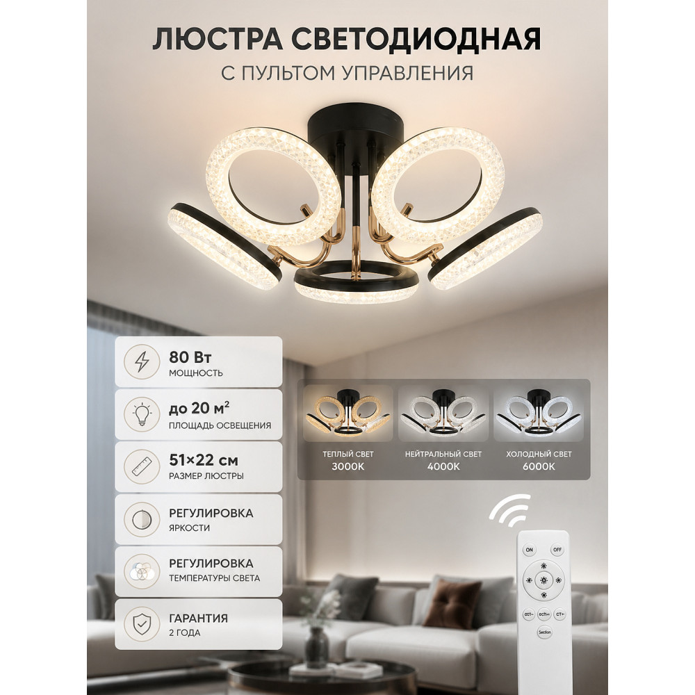 Люстра светодиодная Baizheng 5 плафонов 51x22 см 80Вт черная с пультом