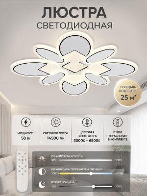 Люстра светодиодная 55*55 см 58Вт 14500LM 3000K+6500K 25м2 с пультом бело-черная Baizheng Люстра светодиодная 55*55 см 58Вт 14500LM 3000K+6500K 25м2 с пультом бело-черная Baizheng