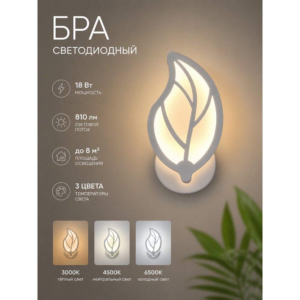 Бра светодиодный 1 плафон 12*25*7,5 см 18Вт 810LM 8м2 3 цвета пластик белый Baizheng