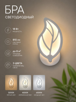 Бра светодиодный 1 плафон 12*25*7,5 см 18Вт 810LM 8м2 3 цвета пластик белый Baizheng Бра светодиодный 1 плафон 12*25*7,5 см 18Вт 810LM 8м2 3 цвета пластик белый Baizheng
