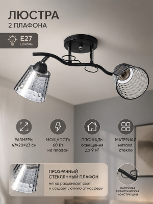 Люстра 2 плафона 47*20*23 см Е27 60Вт 9 м² плафон стекло черный хром Baizheng