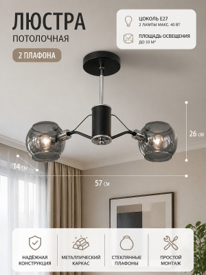 Люстра 2 плафона 26*57*14 см BZ0022-2 Baizheng металлическая, стекло, пластик черный, серебристый Люстра 2 плафона 26*57*14 см BZ0022-2 Baizheng металлическая, стекло, пластик черный, серебристый