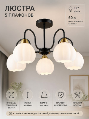 Люстра 5 плафонов 60*34 см Е27 60Вт 20м2 плафон стекло черный Baizheng Люстра 5 плафонов 60*34 см Е27 60Вт 20м2 плафон стекло черный Baizheng