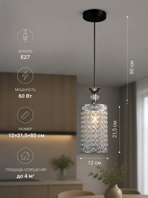 Люстра кухонная 1 плафон 12*21,5*80 см Е27 60Вт 4 м2 плафон стекло черный Baizheng