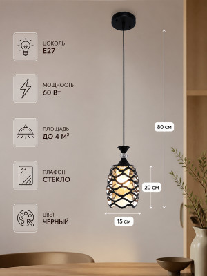Люстра кухонная 1 плафон 15*20*80 см E27 60Вт 4м2 плафон стекло черный Baizheng Люстра кухонная 1 плафон 15*20*80 см E27 60Вт 4м2 плафон стекло черный Baizheng