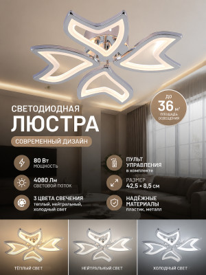 Люстра светодиодная 4 плафона 42,5*8,5 см 80Вт 4080LM 36м2 3 цвета пластик пульт хром Baizheng Люстра светодиодная 4 плафона 42,5*8,5 см 80Вт 4080LM 36м2 3 цвета пластик пульт хром Baizheng