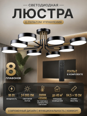 Люстра светодиодная 8 плафонов 64,5*18 см 96Вт 24000LM 3000K+6500K 40м2 пульт черный Baizheng Люстра светодиодная 8 плафонов 64,5*18 см 96Вт 24000LM 3000K+6500K 40м2 пульт черный Baizheng