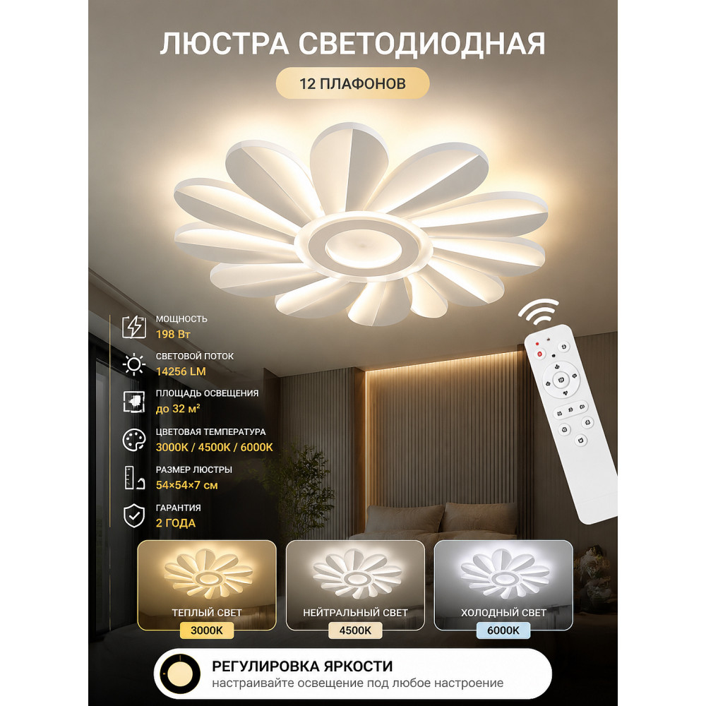 Люстра светодиодная 12 плафонов 54x54x7 см 198 Вт 14256 LM 32 м2 3 цвета с пультом белая Baizheng