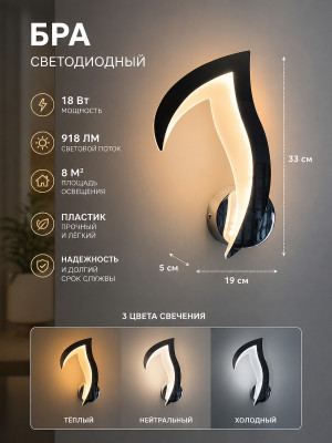 Бра светодиодный 1 плафон 19*33*5 см 18Вт 918LM 8м2 3 цвета пластик хром Baizheng Бра светодиодный 1 плафон 19*33*5 см 18Вт 918LM 8м2 3 цвета пластик хром Baizheng