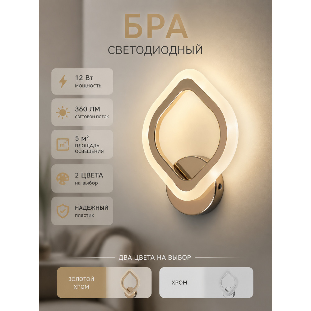 Бра светодиодный 1 плафон 24*17*5 см 12Вт 360LM 5м2 2 цвета пластик золотой хром Baizheng