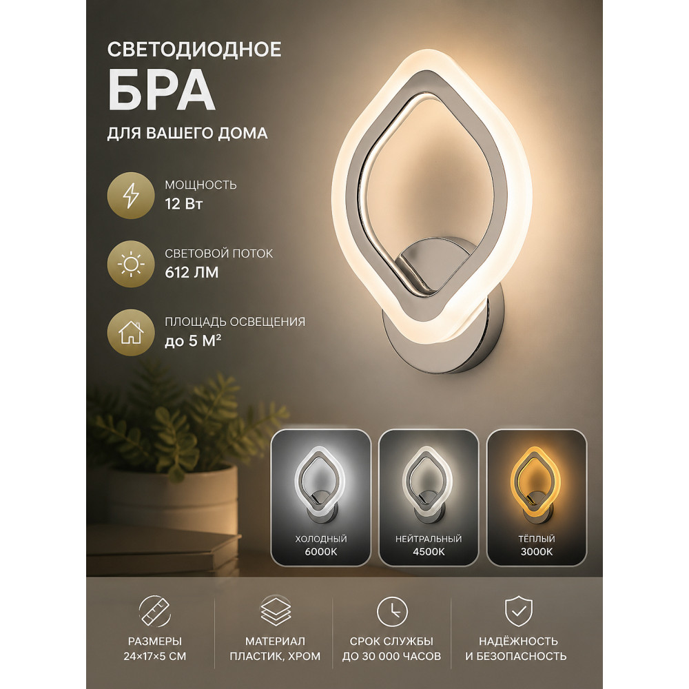 Бра светодиодный 1 плафон 24*17*5 см 12Вт 612LM 5м2 3 цвета пластик хром Baizheng